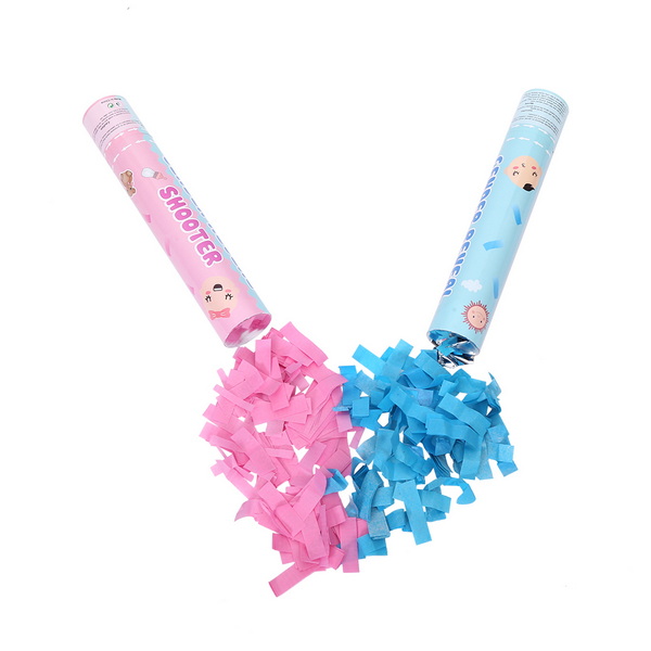 confetti shooter with blue or pink tissue paper rectangles